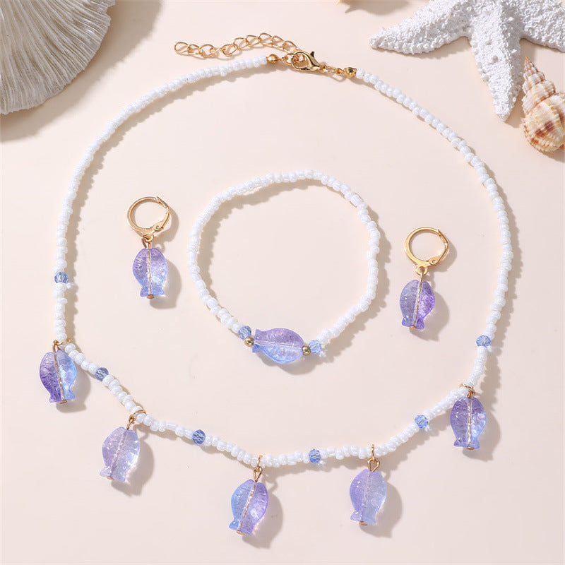 Set Collana con Fiocco Minimalista Blu Perla per Bambini con Bracciale Abbinato, Orecchini a Clip e Anello in Resina