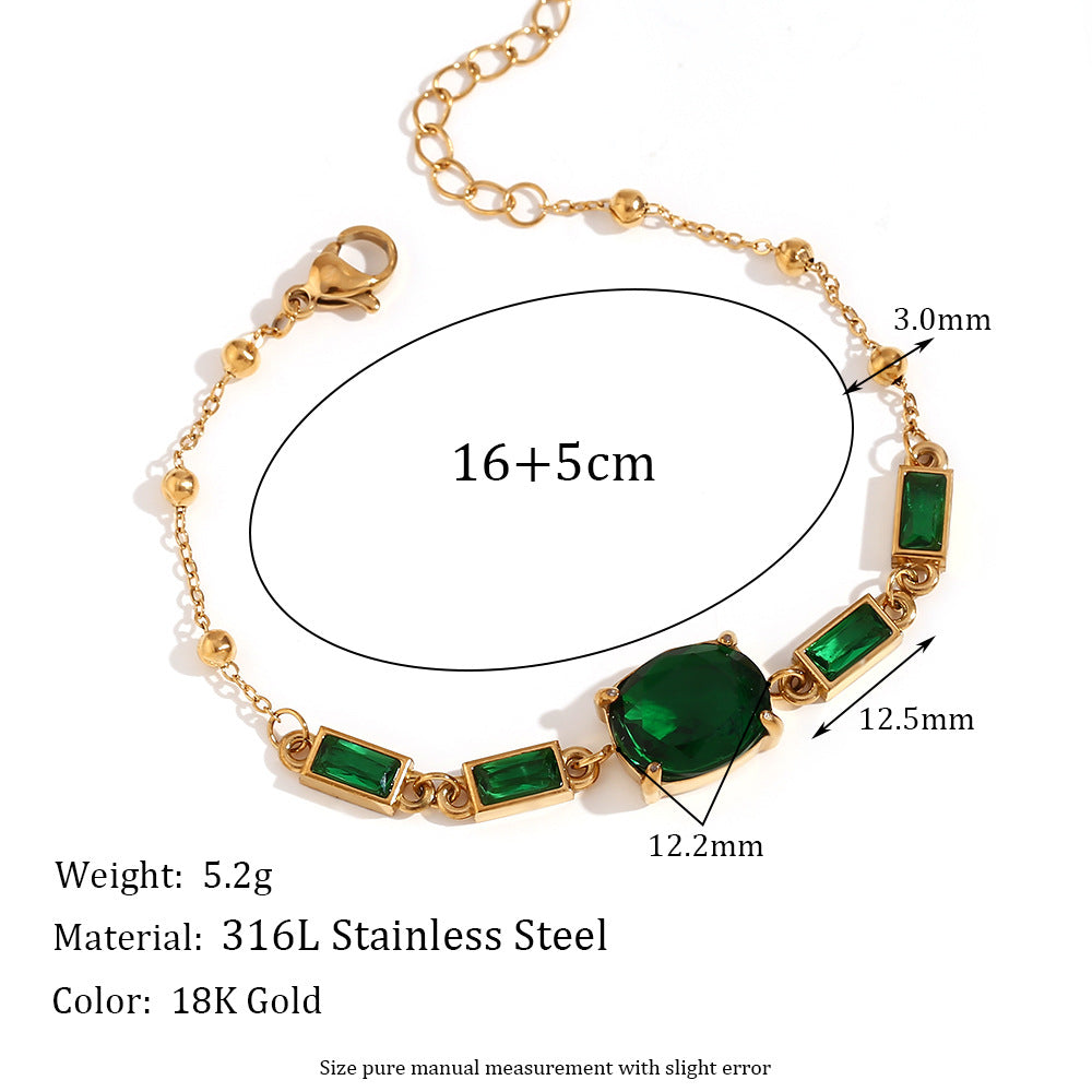 Pulsera de circonita ovalada y rectangular minimalista de moda para mujer en acero inoxidable con baño de oro de 18 quilates