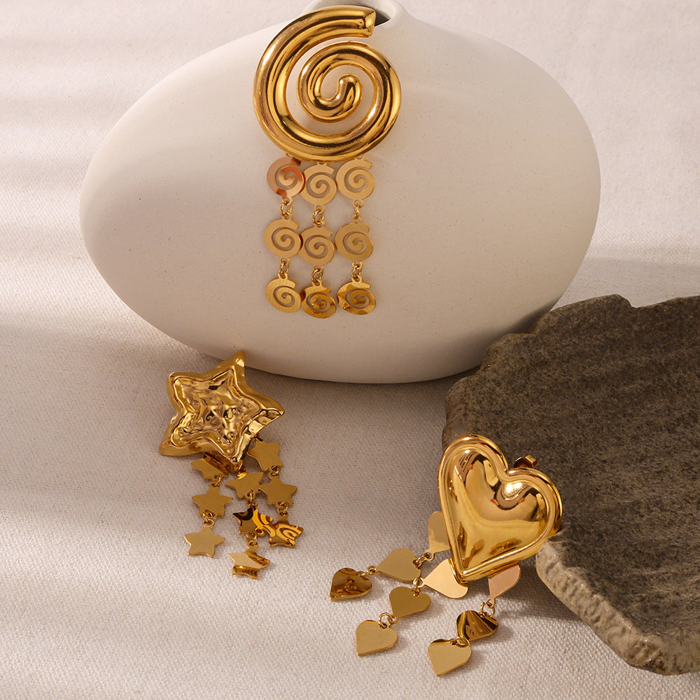 Orecchini Pendenti con Nappa a Stella, Cuore e Conchiglia Vintage in Acciaio Inossidabile con Placcatura Sottovuoto in Oro 18K da Donna