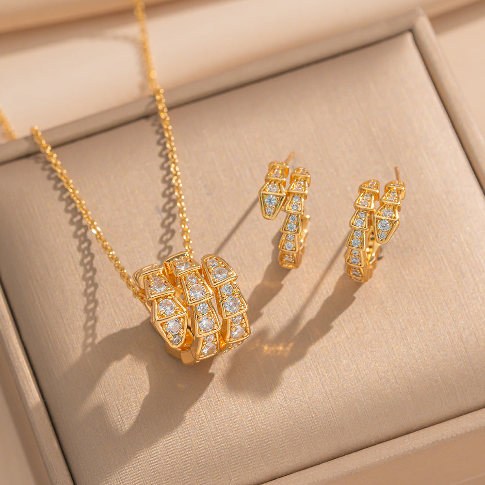 Orecchini di lusso minimalisti in rame a forma di serpente con intarsi in zircone, set di gioielli di moda regolabili per donne e uomini