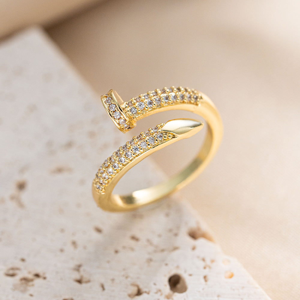 Fashionable Adjustable Open Ring for Women in Copper with 18K Gold Plating Featuring Heart Floral Geometric and Diamond-Inlaid Design