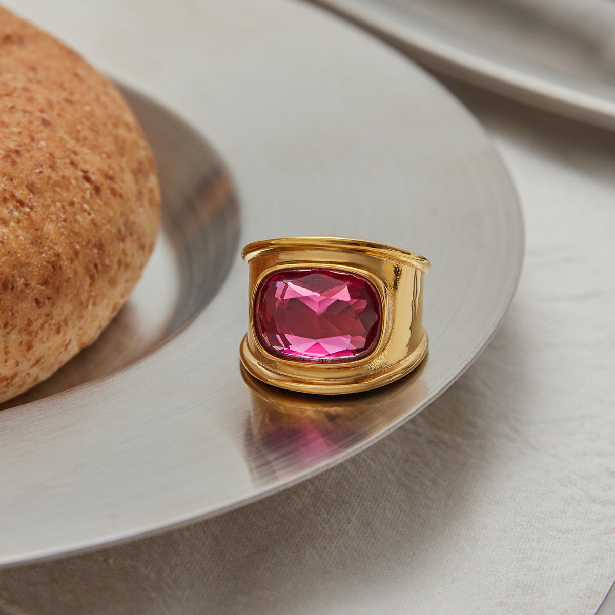 Geometric Stainless Steel Plated Ring with Cubic Zirconia for Women