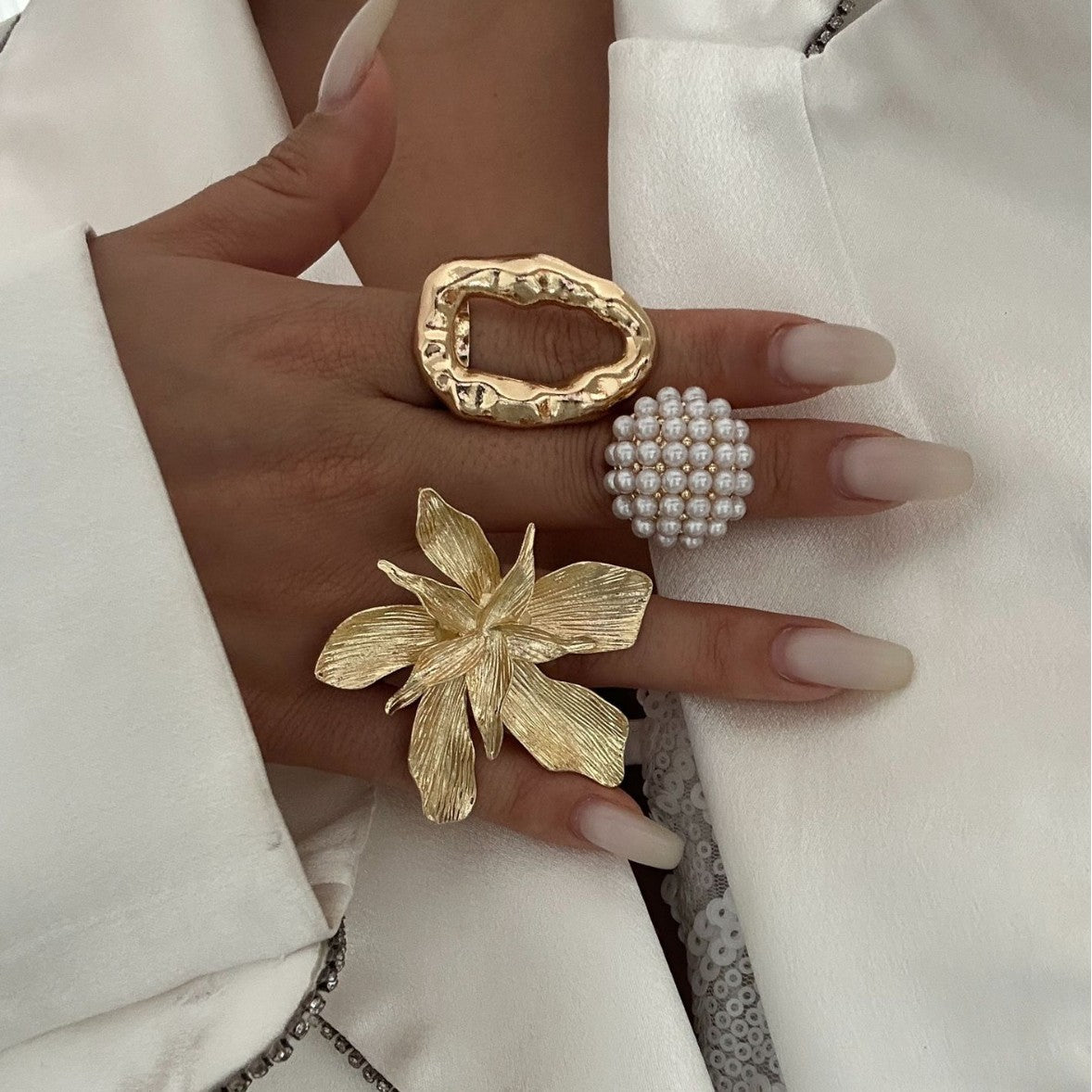 Set di anelli da donna floreali geometrici in lega placcata oro