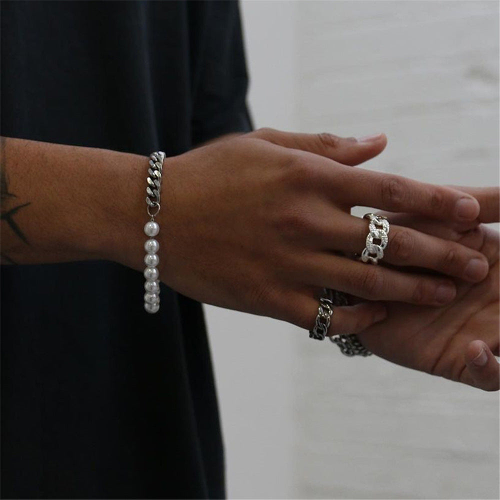 Minimalist Hip-hop Geometric Titanium Steel Cuban Link Chain Bracelet with Pearl for Unisex