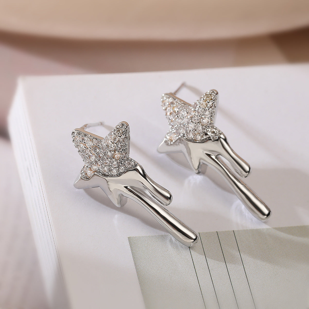Minimalist Geometric Star and Moon Stud Earrings for Women in Brass with Real Gold Plating and Zircon Inlay