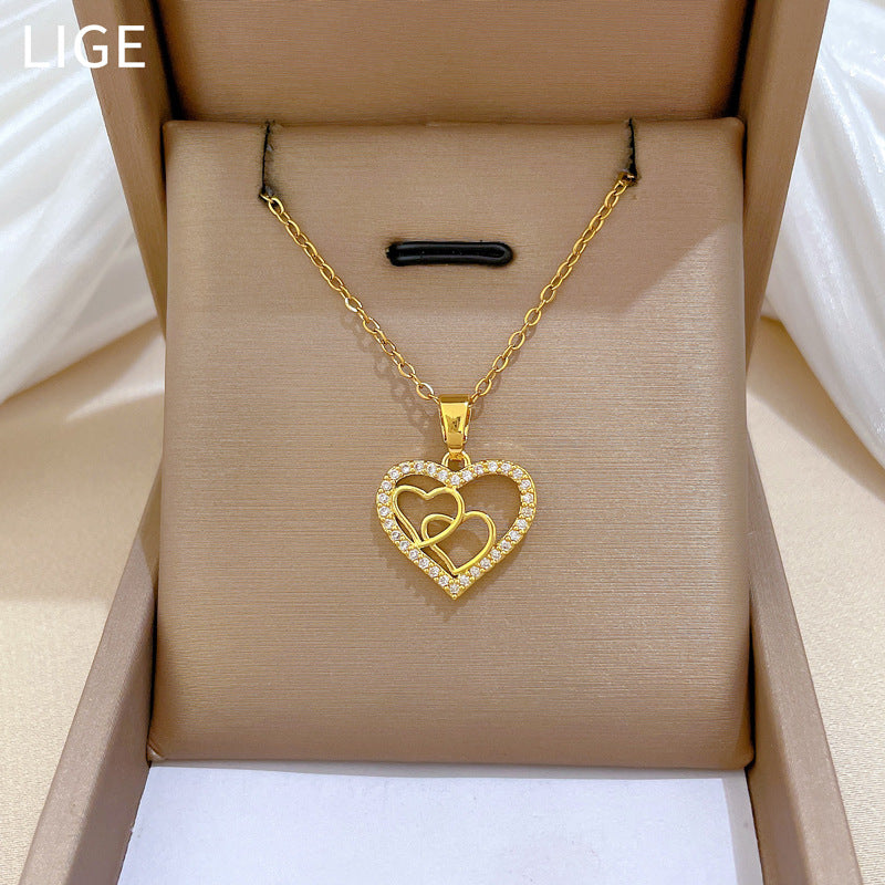 Sweet Minimalist Heart Geometric Rhinestone Titanium Steel Necklace for Unisex