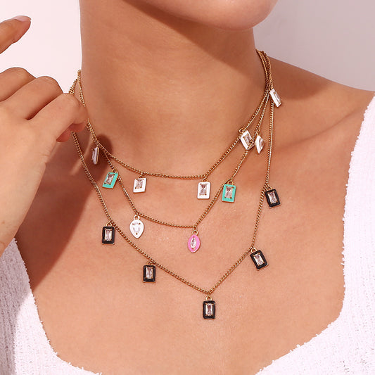 Fashionable Geometric Rectangular Stainless Steel Gold-Plated Pendant Necklace with Zircon Inlay and Enamel Finish for Women