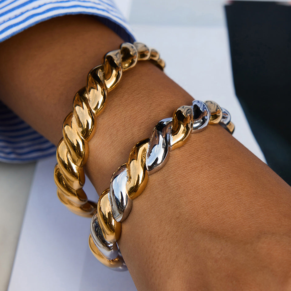 Pulsera de Acero Inoxidable y Titanio Estilo Cuerda Retorcida para Mujer con Acabado Chapado, Joyería de Lujo Hipoalergénica para Mano