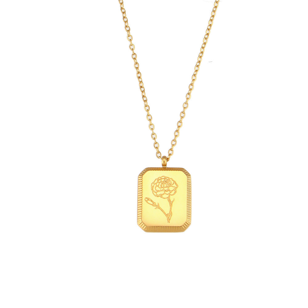 Fashionable Floral Embossed Square Pendant Necklace for Women in Stainless Steel with Plated Finish