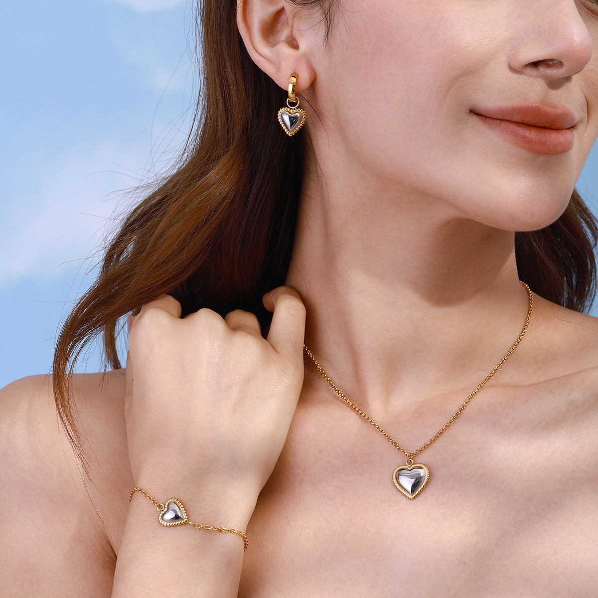 Minimalist Elegant Heart Stainless Steel and Titanium Steel Plated Necklace Earring Bracelet Set for Women