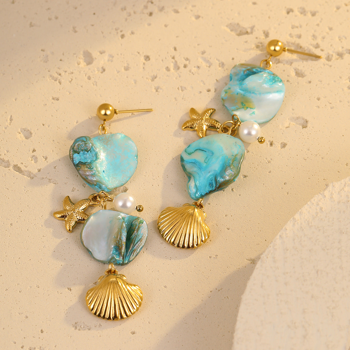 Pendientes de borla de acero inoxidable estilo playa bohemio con detalles de perlas y conchas de estrella de mar