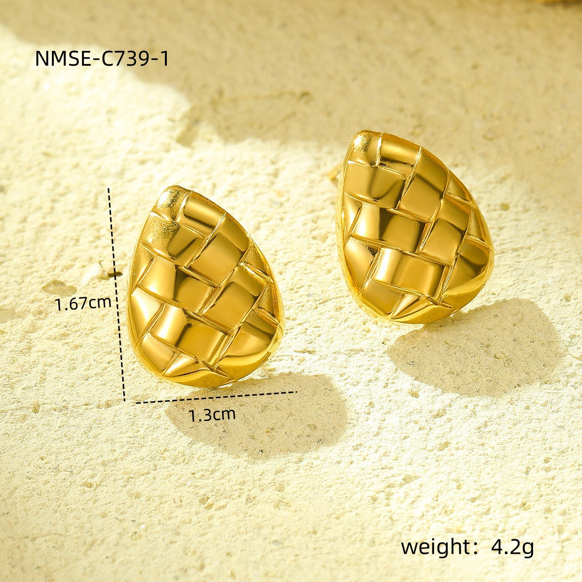 Pendientes de botón de acero inoxidable de estilo vintage con baño de oro de 18 quilates y superficie texturizada en forma de gota de agua