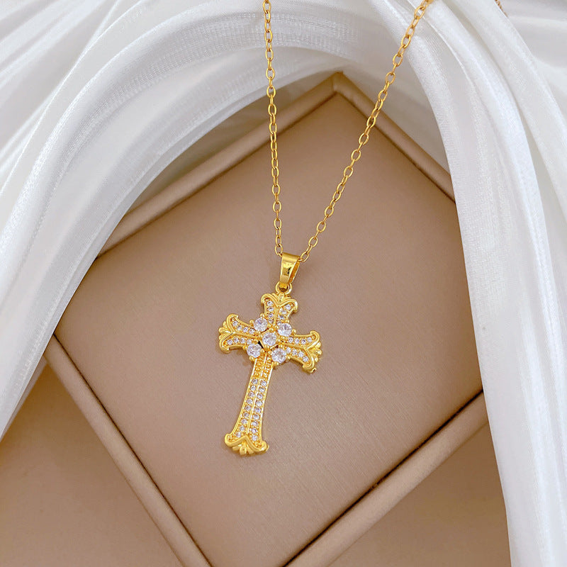 Sweet Minimalist Rhinestone Cross Geometric Titanium Steel Necklace for Unisex