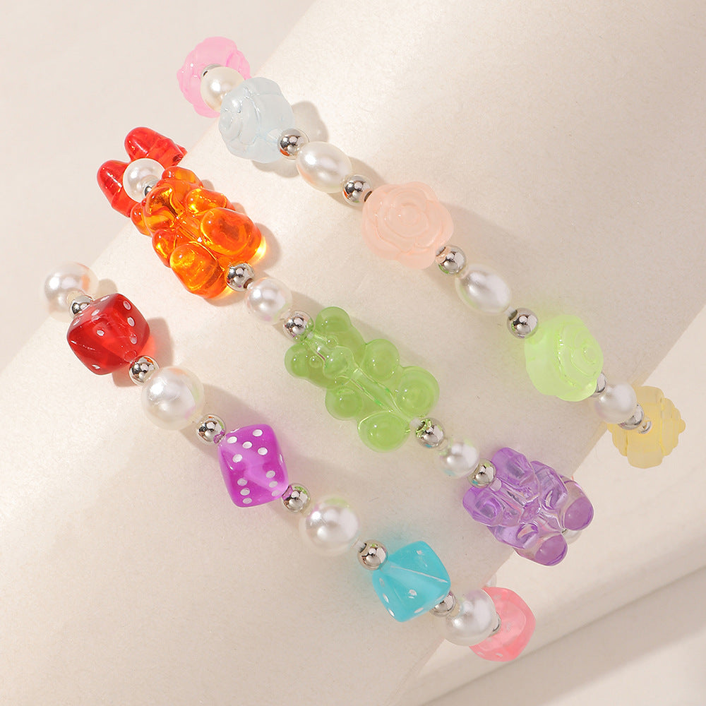 Pulsera de flores con dados de oso transparente de resina artesanal de color caramelo para niñas