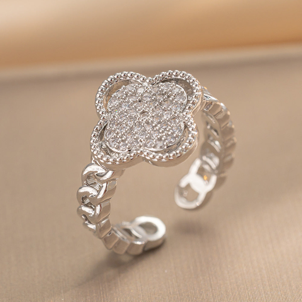 Luxury Minimalist Adjustable Open Ring for Women with Gold-Plated Copper Band and Zircon Stone Accent in Heart and Floral Shape