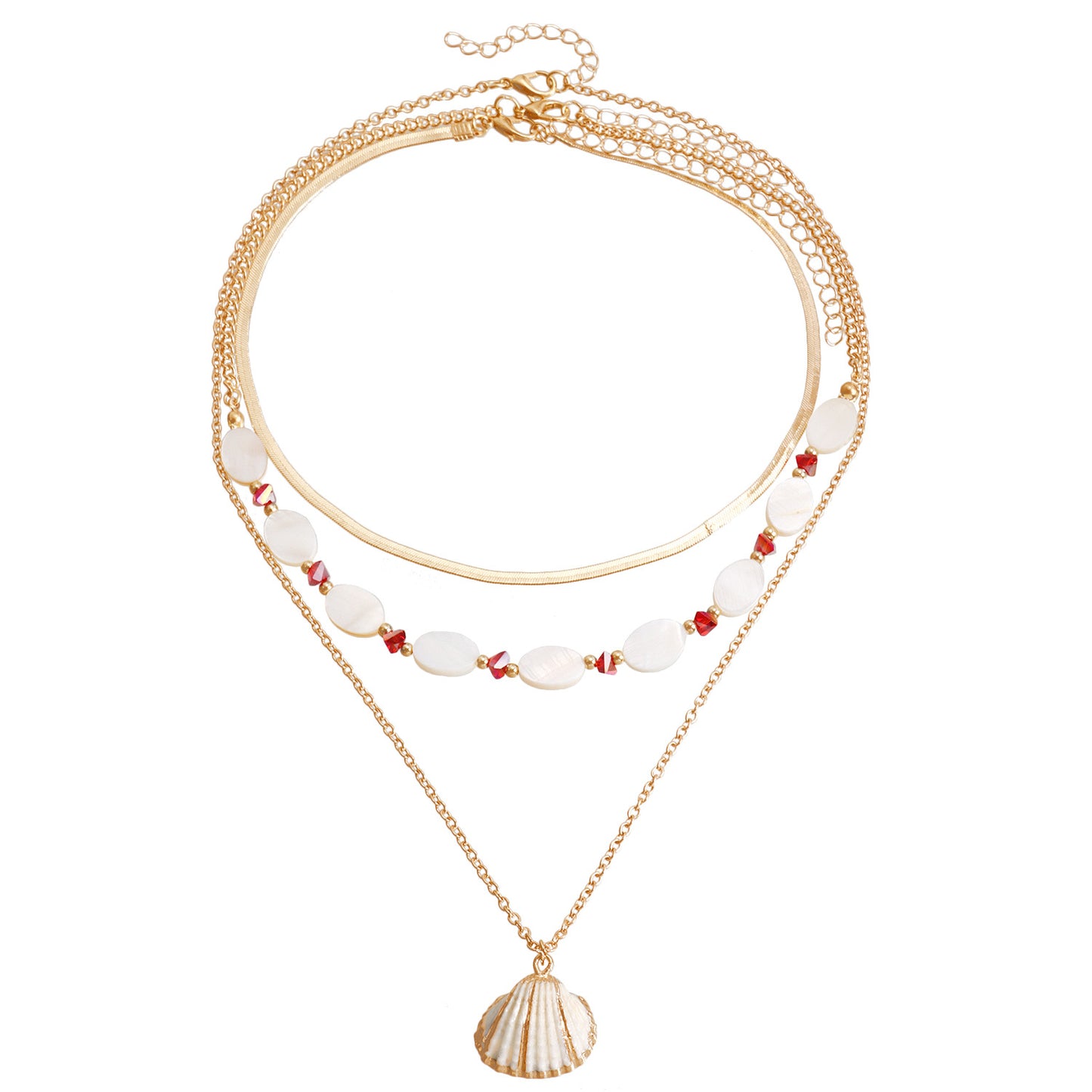Vintage Ocean-Inspired Multi-Layer Clavicle Necklace with Oval Mother-of-Pearl Beads and Geometric Shell Pendant in Plated Finish