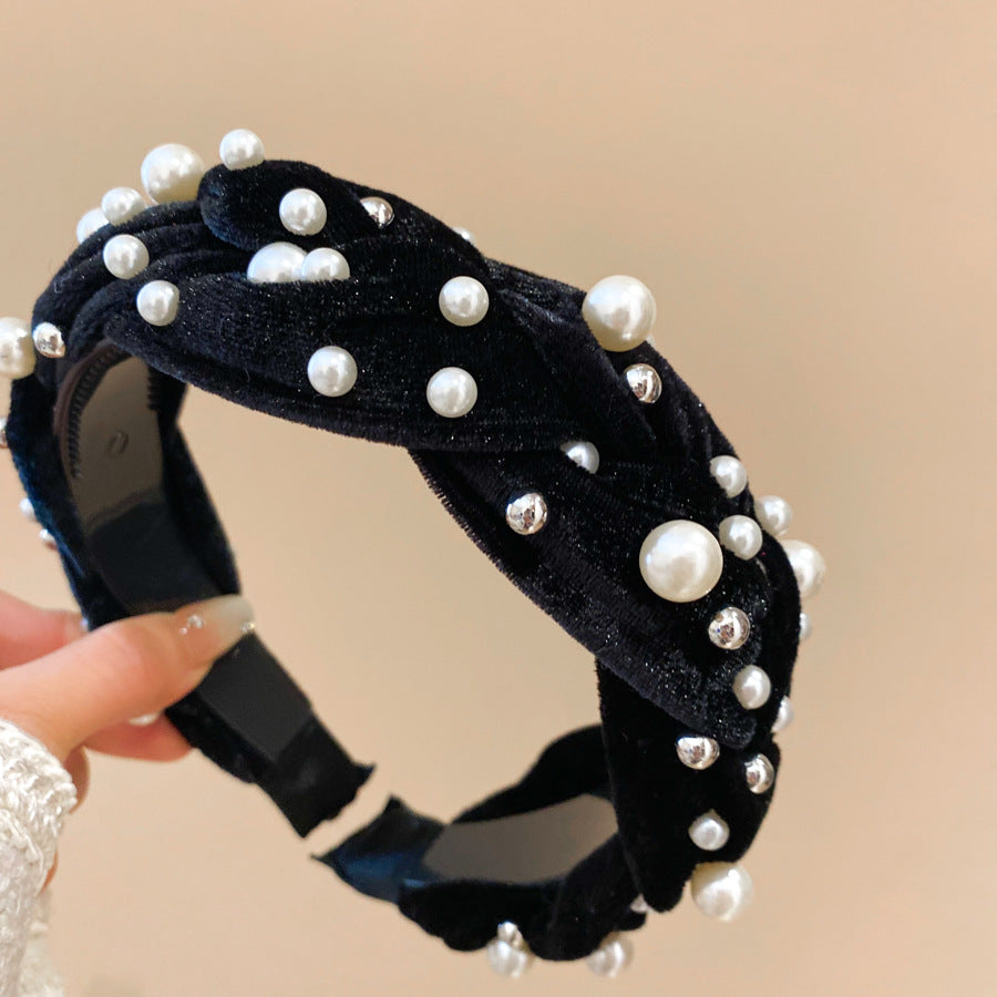Diadema de perlas minimalista para mujer con estilo retro de otoño e invierno, diadema de tela redonda para peinado de corona alta, accesorio elegante para uso diario en la oficina