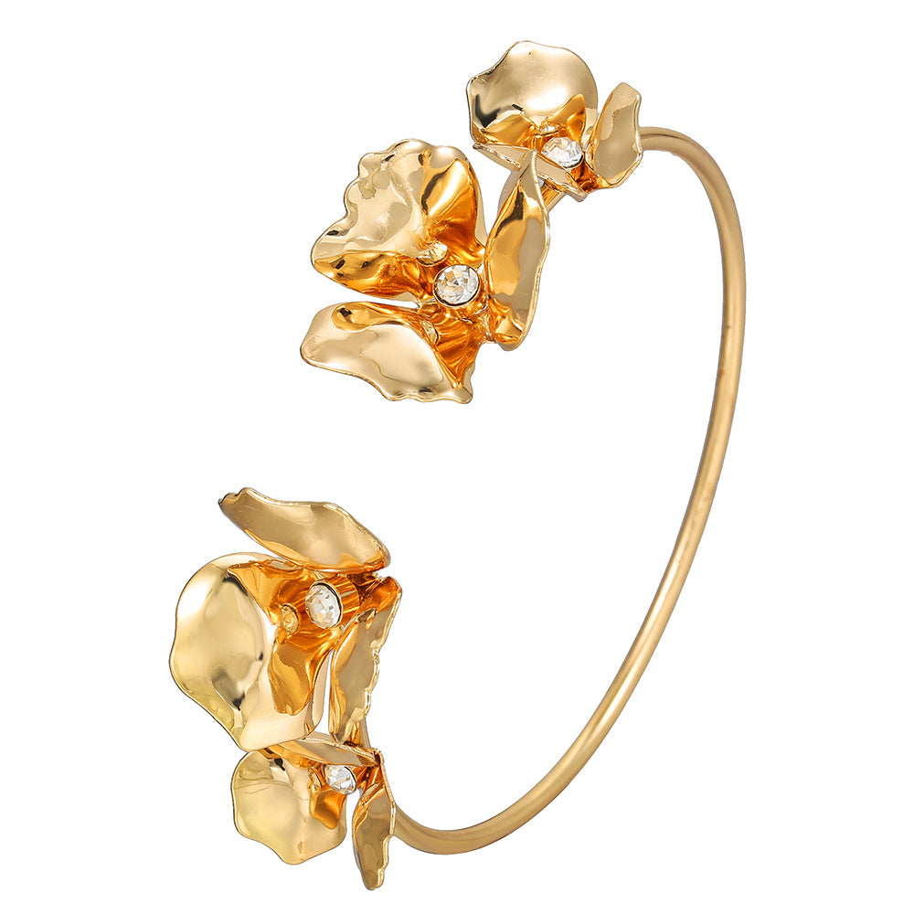 Minimalist Metal Flower Cuff Bracelet for Women with Geometric Petal Design, Gold-Plated Alloy and Rhinestone Inlay