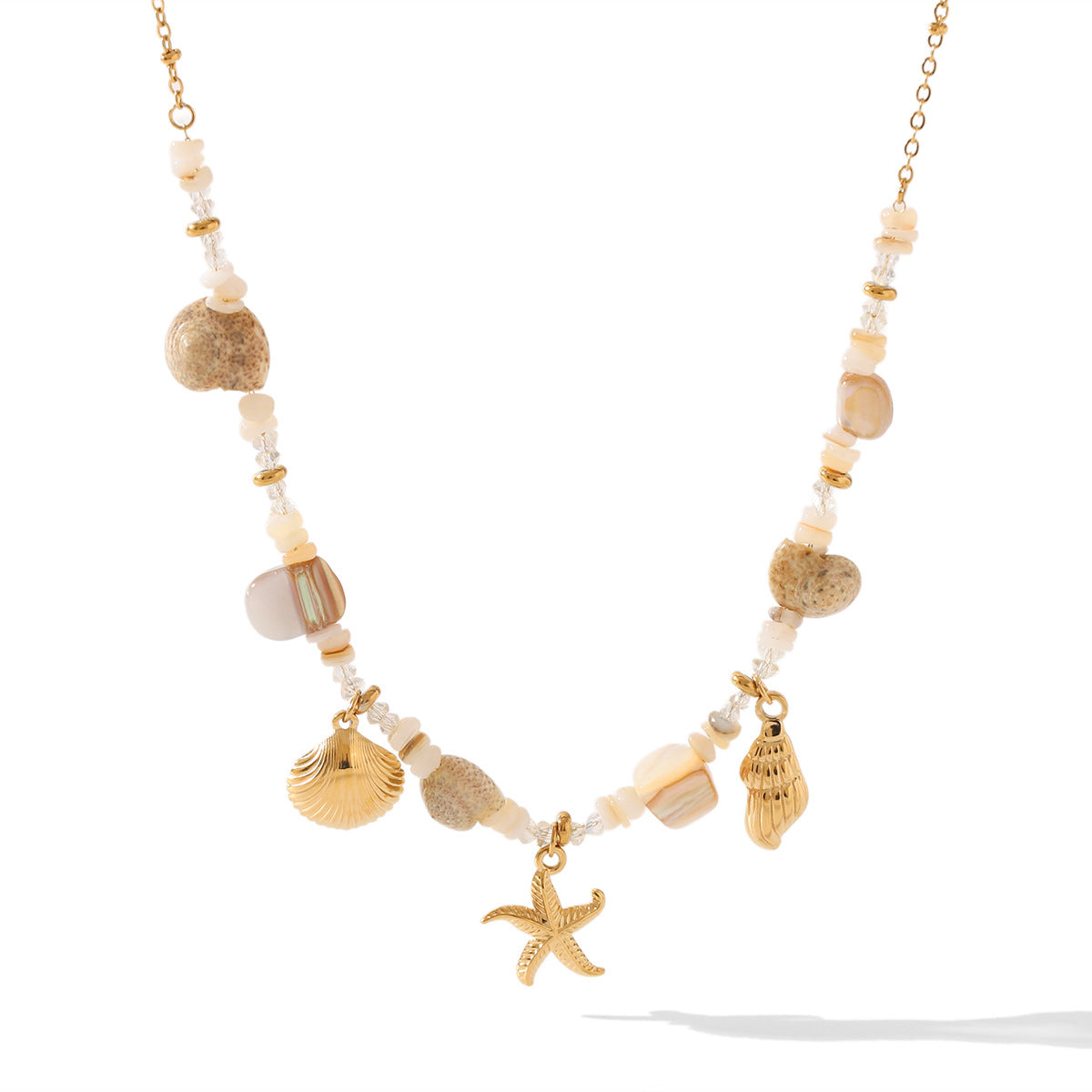 Minimalist Seashell and Starfish Pendant Necklace in Stainless Steel with Electroplated Finish for Women