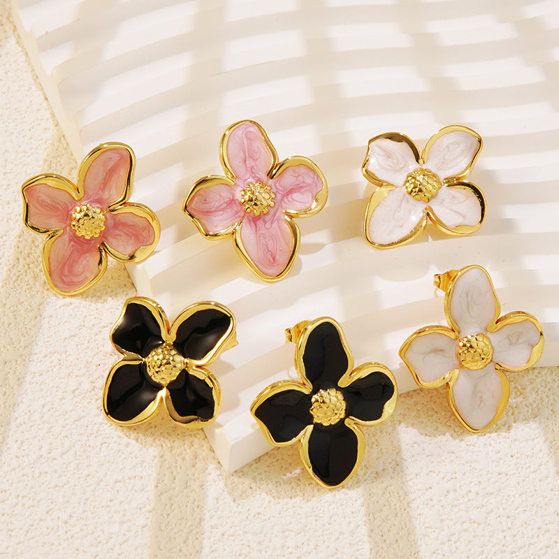 Vintage Sweet Floral Drip Oil Plated Titanium Steel Earrings for Women