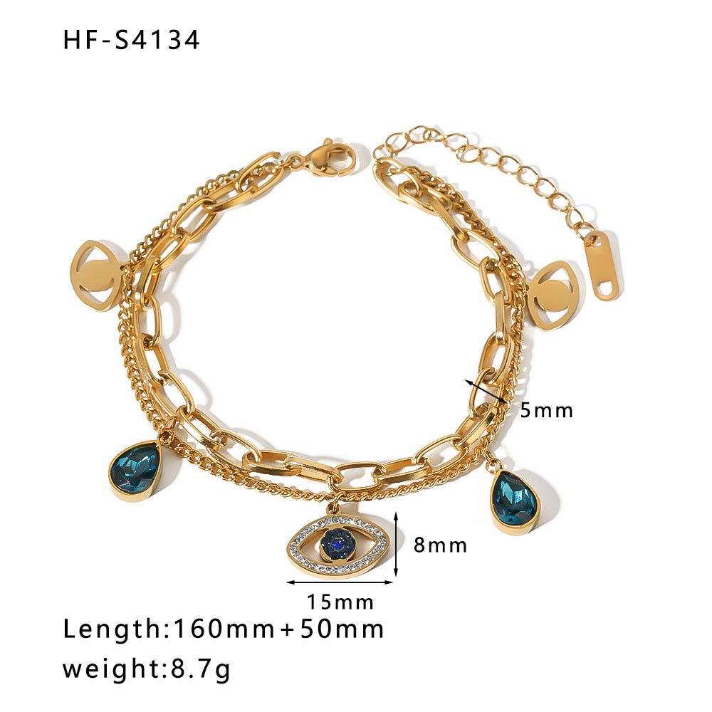Geometric Evil Eye Double Layer Bracelet for Women and Men in Stainless Steel with 18K Vacuum Plating and Zircon Inlay