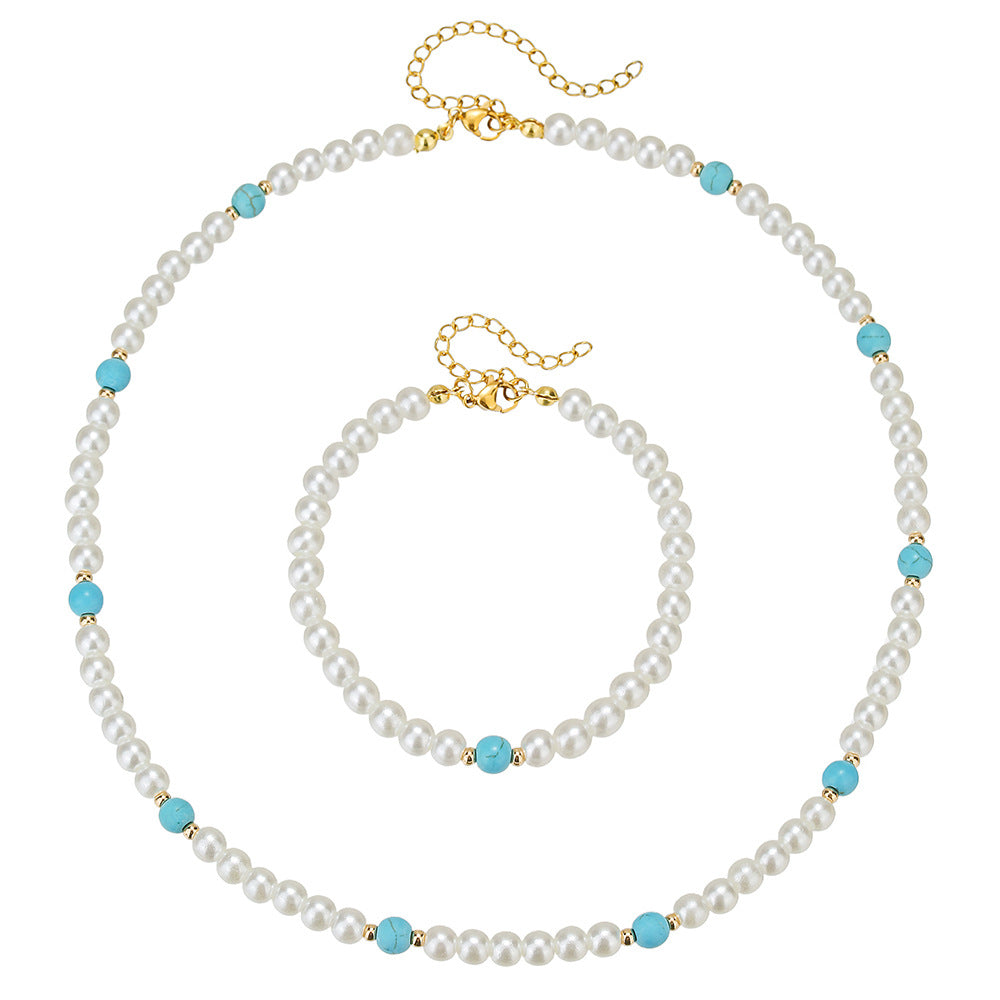Geometric Round Imitation Pearl Turquoise Necklace Set