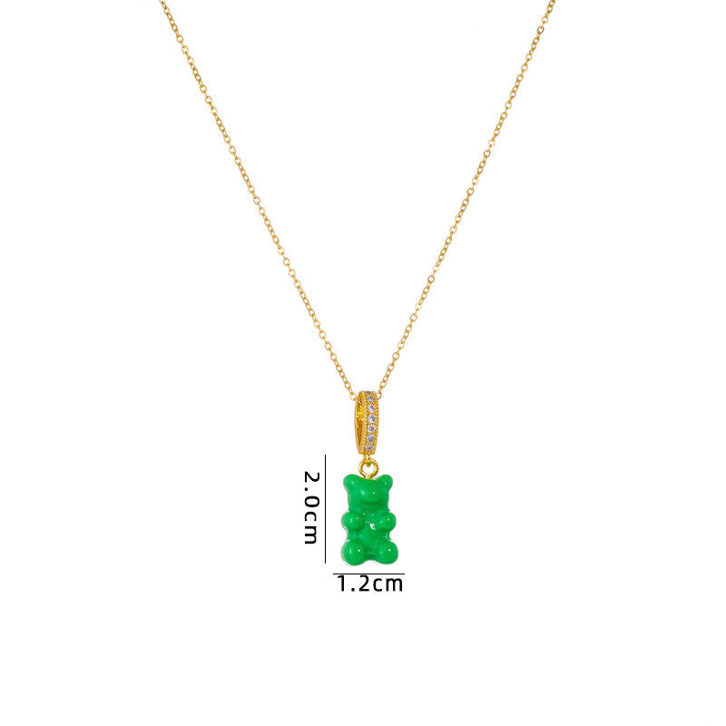 Minimalist Geometric Bear Pendant Necklace in Titanium Steel with Rhinestone Inlay on O-Chain for Women