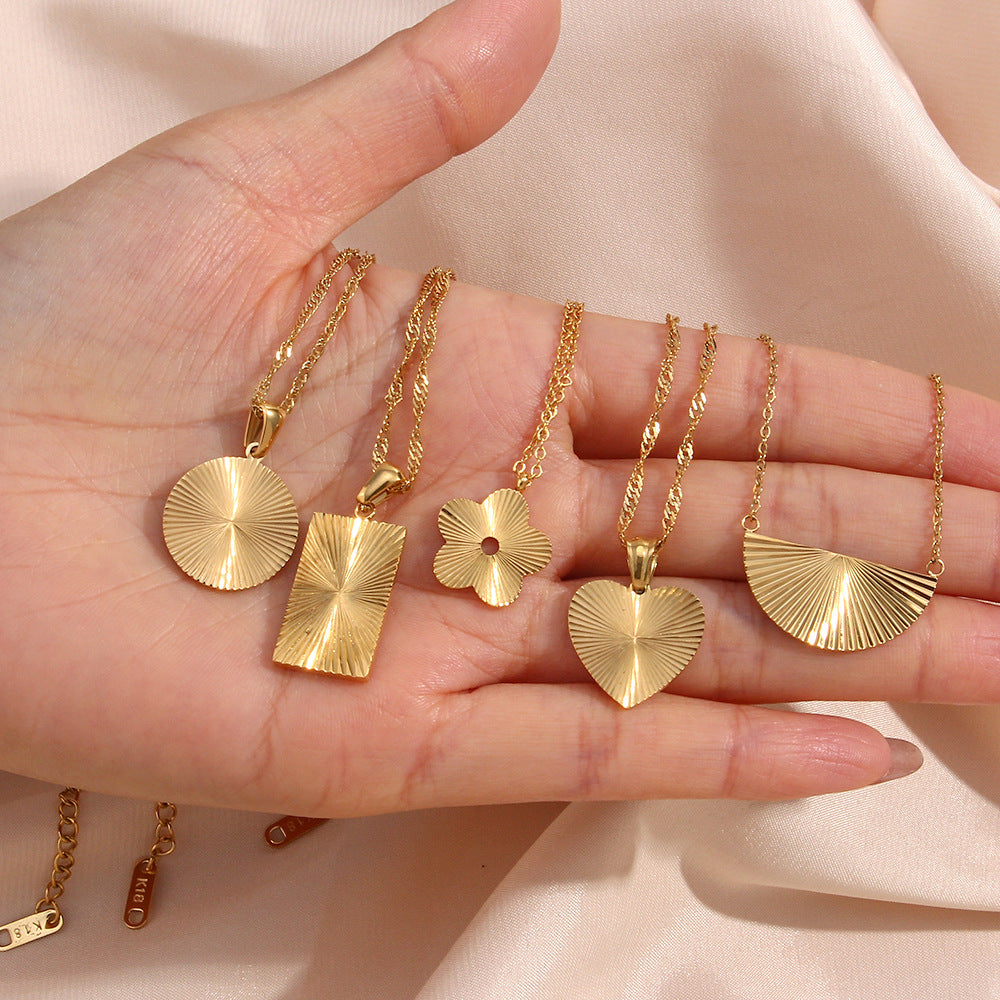 Fashion Geometric Stainless Steel Necklace with 18K Gold Plated Striped Pendant for Women