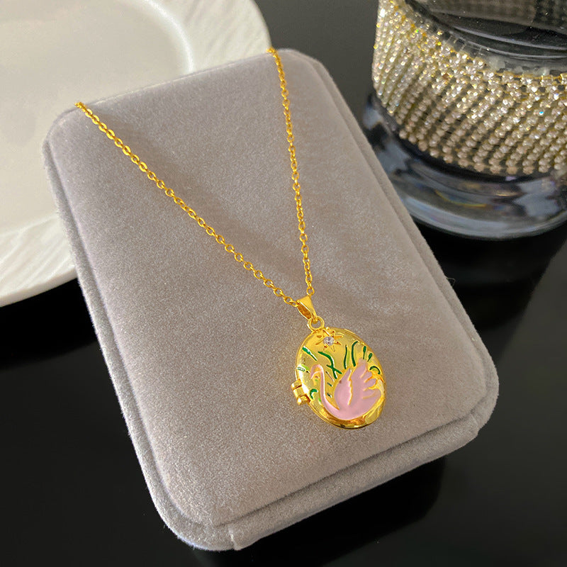 Vintage Enamel Drip Oil Oval Heart Brass Pendant Titanium Steel Necklace Cable Chain