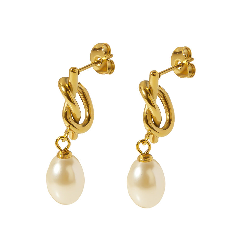 Vintage French Baroque Style Geometric Stainless Steel Earrings with Pearl Accents and Electroplated Finish for Women