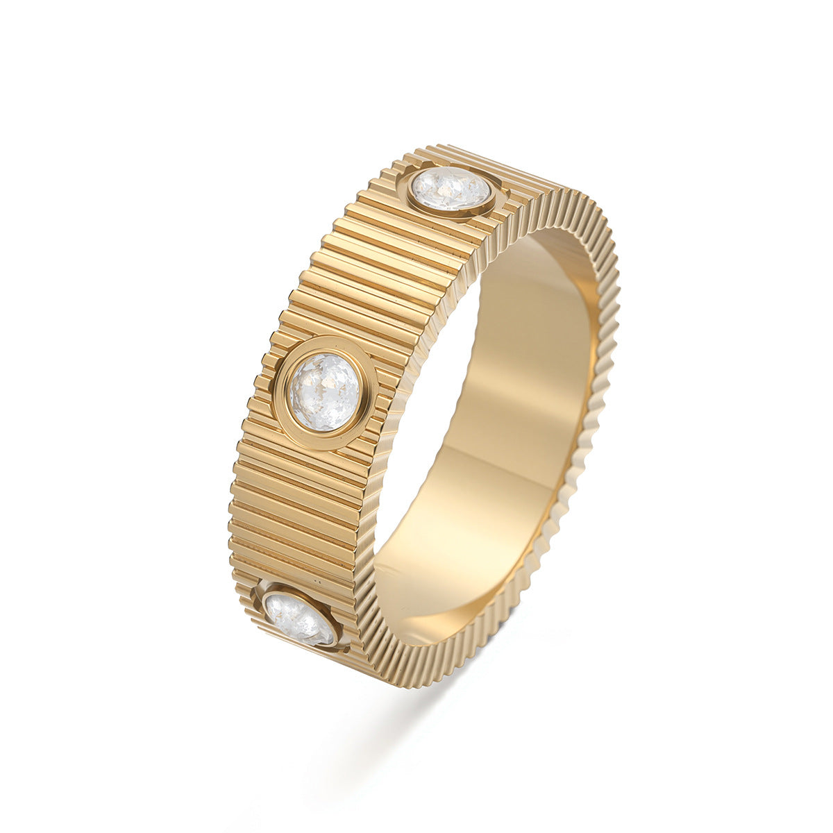 Minimalist Gold Plated Stainless Steel Geometric Striped Ring with Cubic Zirconia for Women