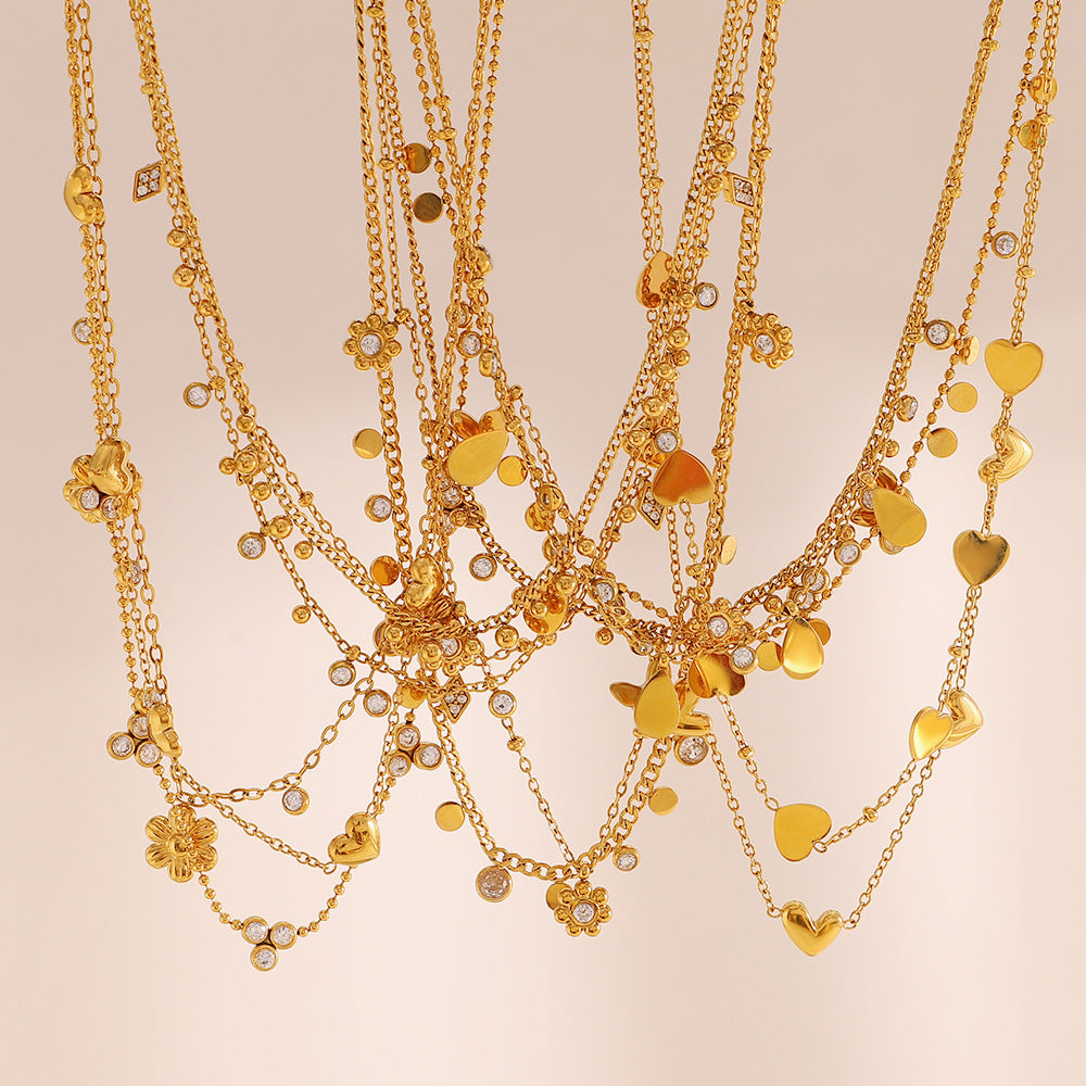 Collana da donna a forma di cuore e lacrima, placcata in oro 18 carati, in acciaio inossidabile, con fiore in zircone e perline