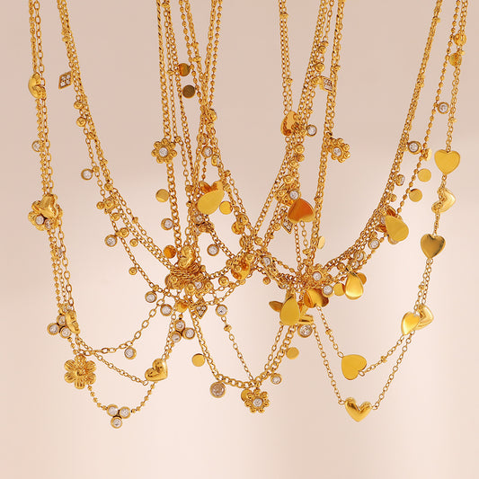 Minimalist Heart and Teardrop Shaped Stainless Steel Plated 18K Gold Necklace with Zircon Flower and Beaded Accents for Women