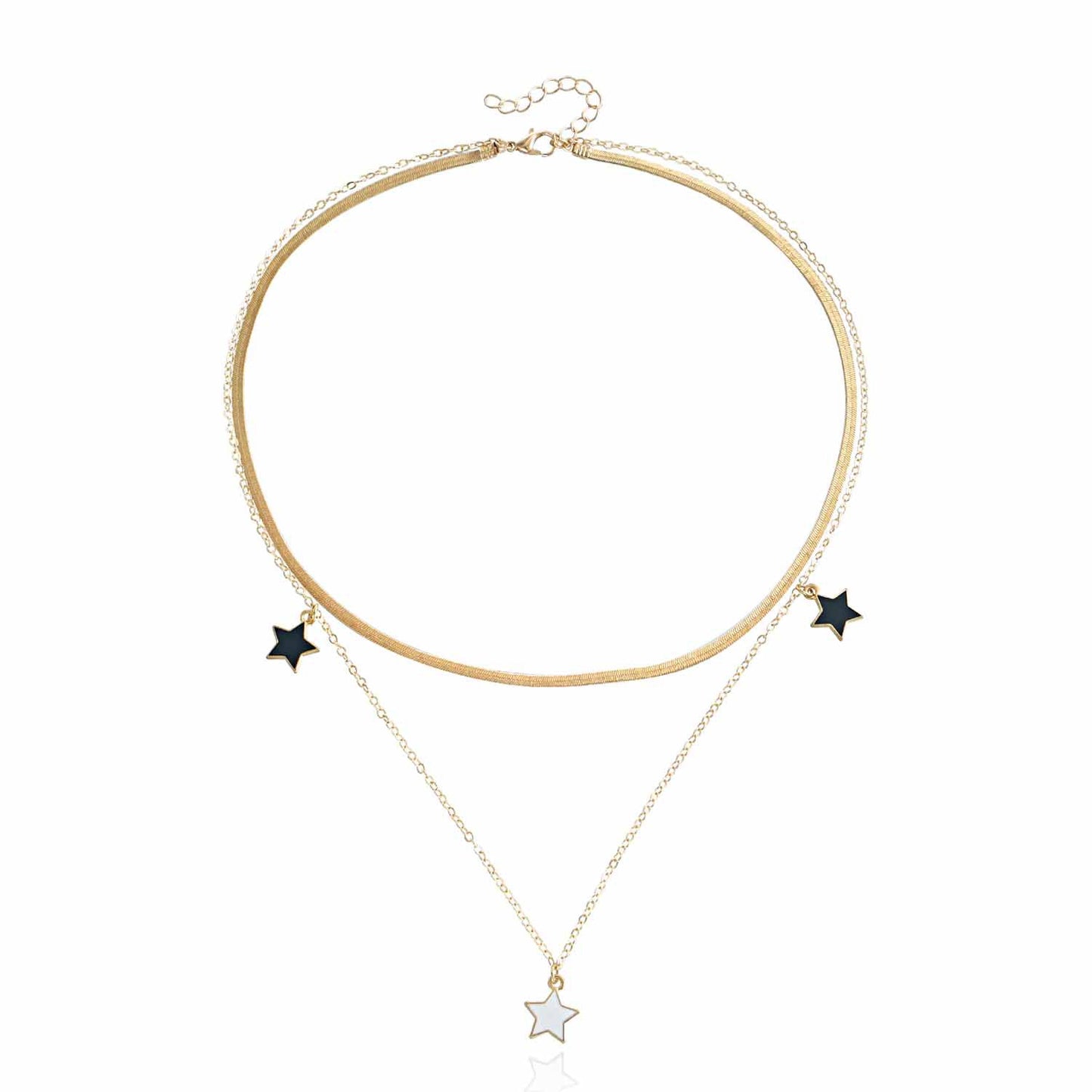 Minimalist Geometric Black and White Five-Point Star Pendant Necklace Set with Double Snake Chain for Women