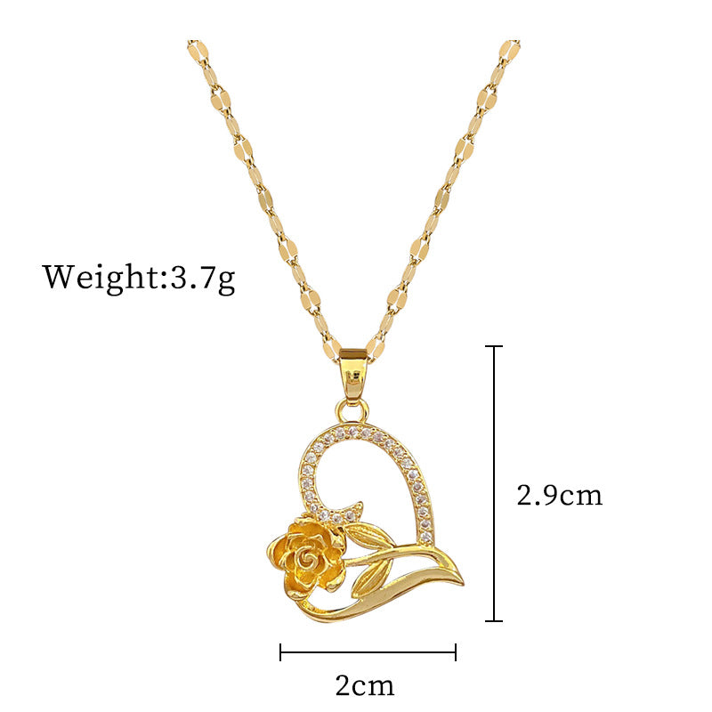 Collar con colgante de lujo elegante de circonitas con forma de corazón rosa, cadena de acero titanio para mujer y hombre