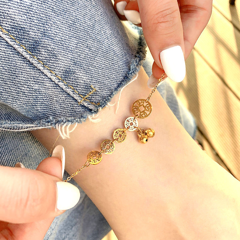 Vintage Coin Bell Anklet 18K Plated Titanium Steel Minimalist Foot Jewelry for Women