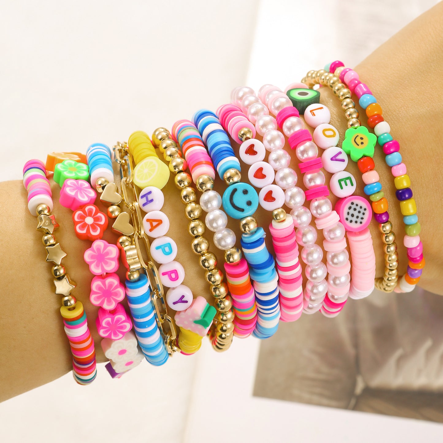 Casual Resin Acrylic Pearl Bracelet with Letter and Floral Pattern