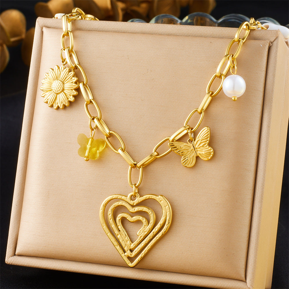 Spiral Oval Heart Butterfly Floral Stainless Steel Plated Pendant Necklace for Women