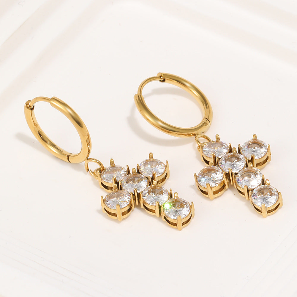Orecchini a croce minimalistici ed eleganti in acciaio inossidabile placcato oro 18K con zirconia cubica