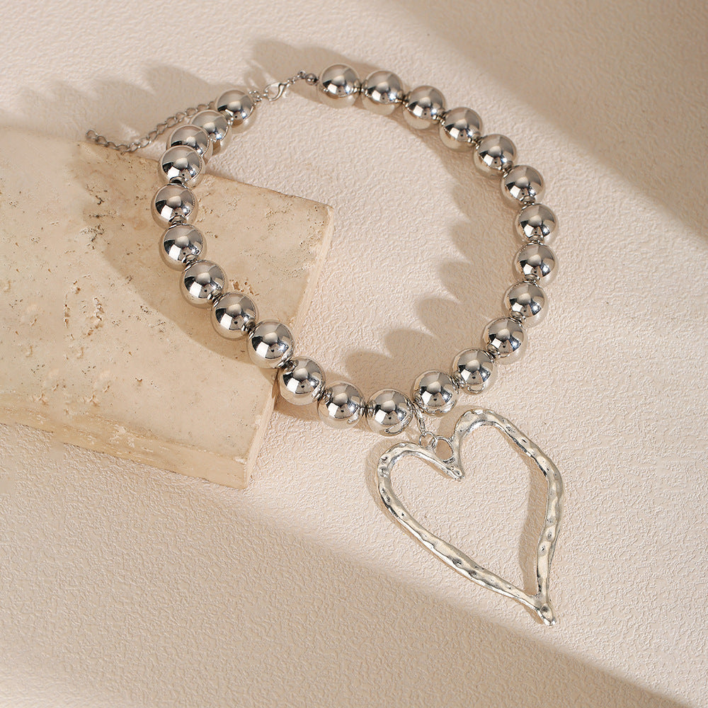 Irregular Geometric Heart Pendant Alloy Beaded Cable Chain Necklace