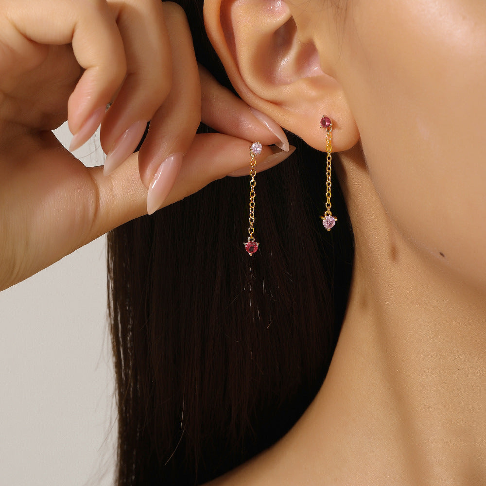 Geometric Round Brass Plated Earrings with Pink Cubic Zirconia and Tassel for Women