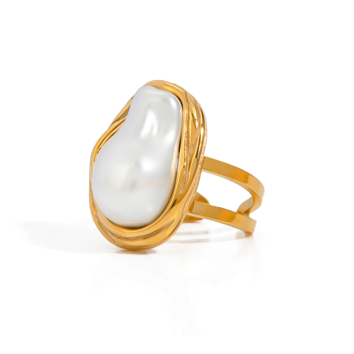 Vintage Elegant 18K Gold Plated Irregular Baroque Pearl Open Ring Stainless Steel