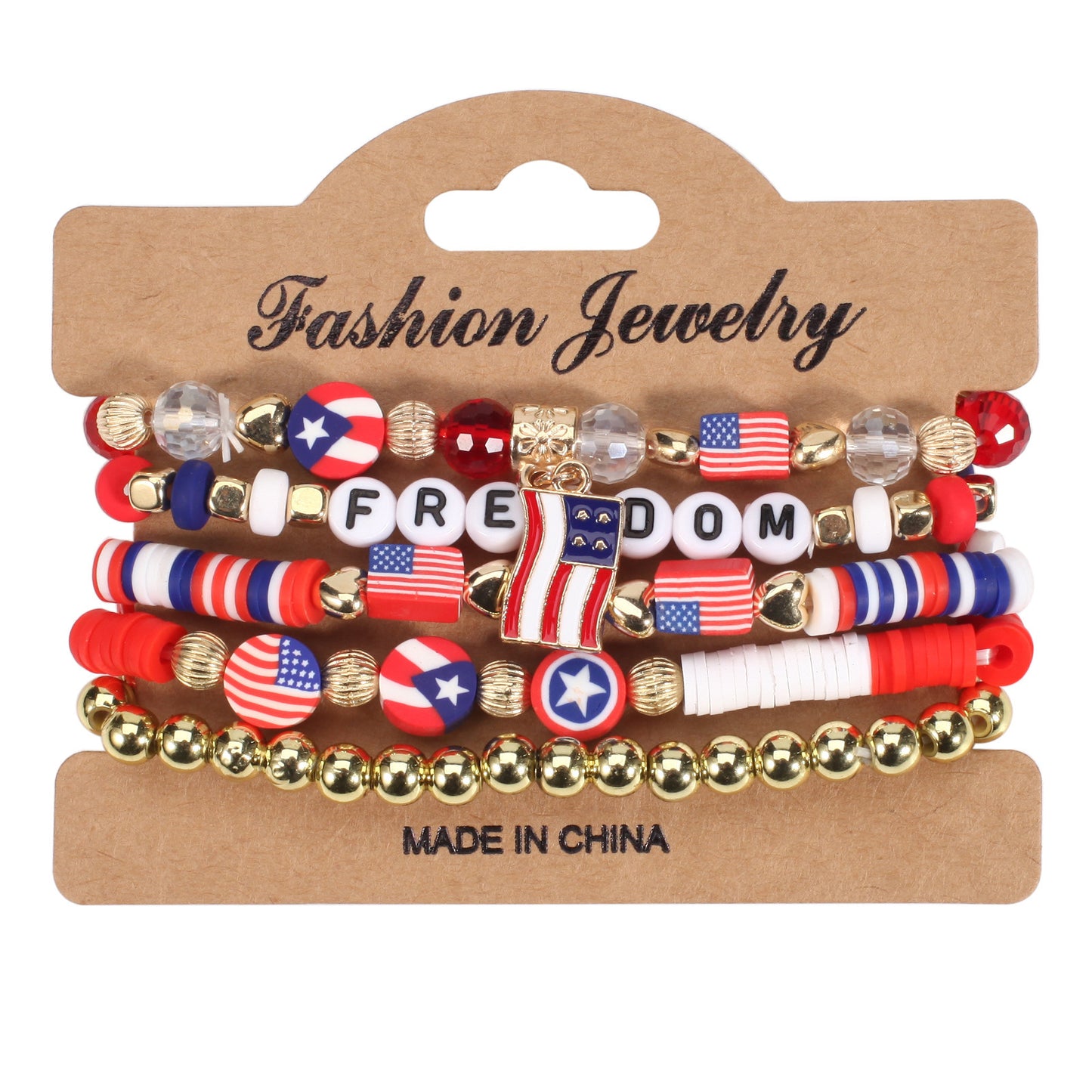 Unisex Red White Blue Resin Crystal Beaded Bracelet with Floral Pattern