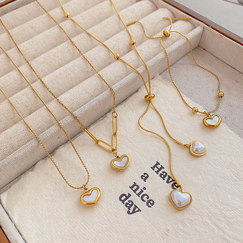 Layered Heart Micro-pave Shell Plated Titanium Steel Necklace for Unisex