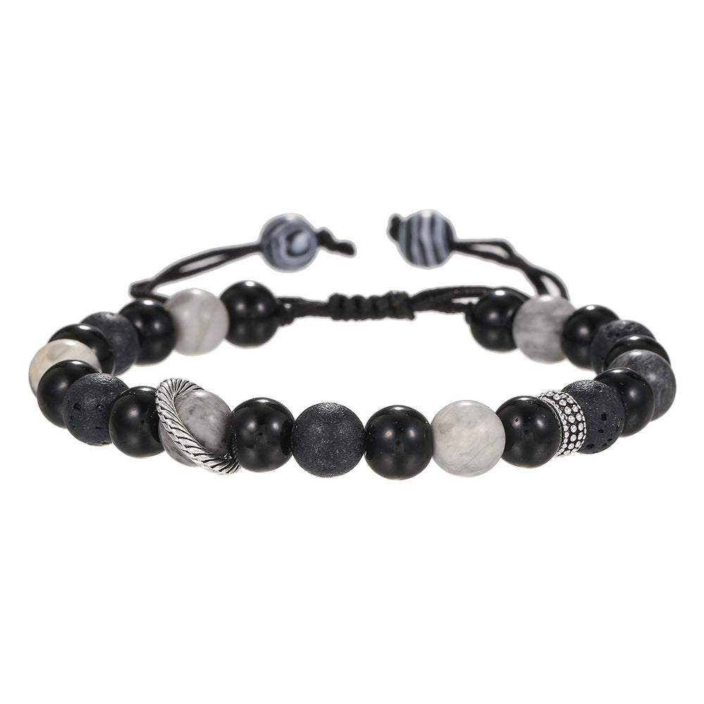 Adjustable Beaded Bracelet for Women with Natural Lava Stone Beads 8mm and 10mm in Geometric Shape, Copper-Plated with Zircon Inlay, Fashionable Office-Ready Design