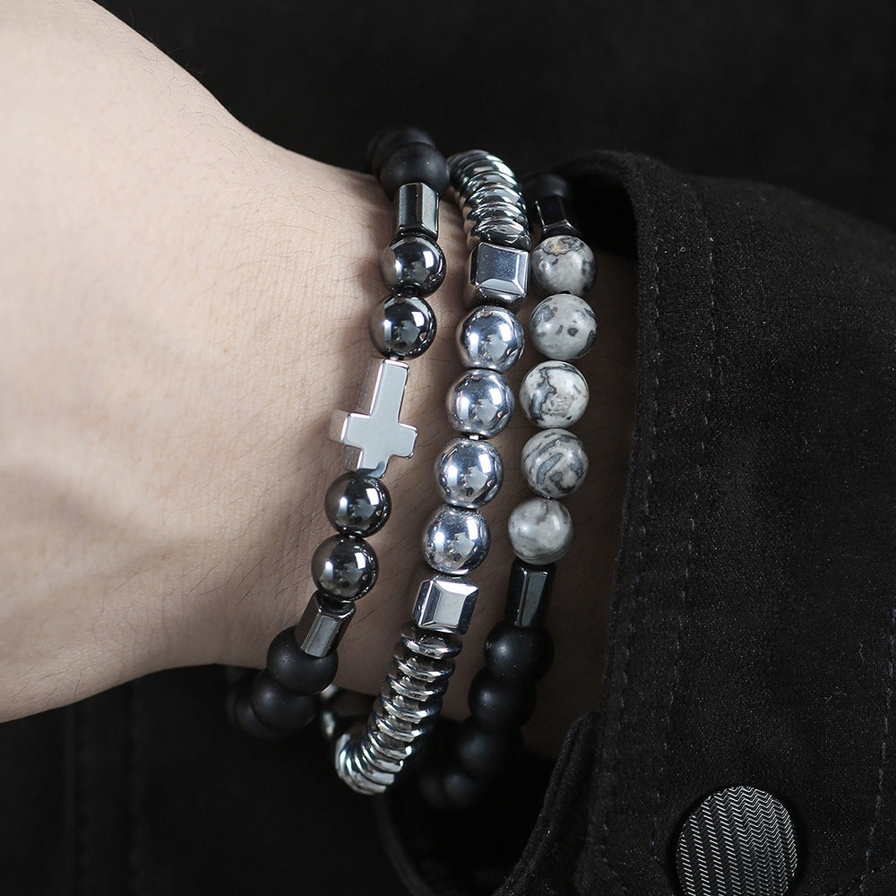 Handmade Geometric Cross Stone Beaded Bracelet Set for Unisex