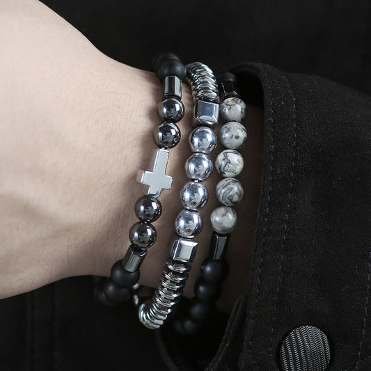 Handmade Geometric Cross Stone Beaded Bracelet Set for Unisex