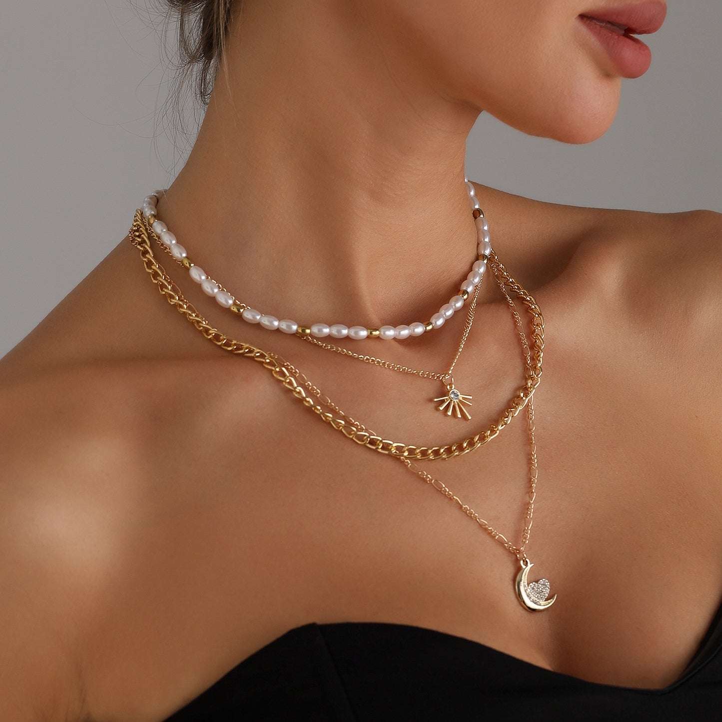 Vintage Sexy Multi-Layer Moon and Heart Pendant Necklace in Alloy with Plated Finish for Women