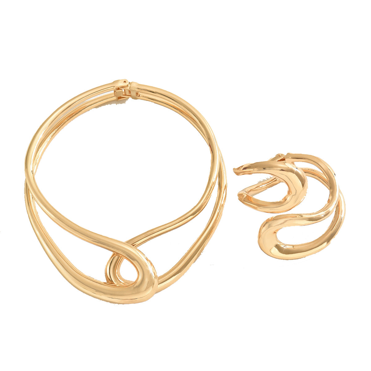 Parure Collana e Bracciale da Donna con Doppio Cerchio Geometrico, in Lega Placcata Oro 18K, Lusso Leggero