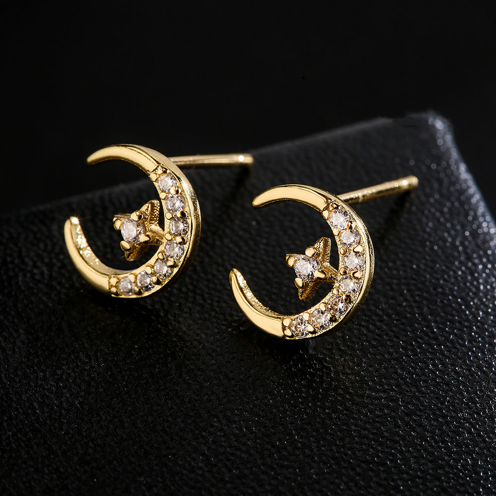 Sweet Cute Geometric Copper Earrings with 18K Gold Plating and Enamel Zircon Star Moon Candy Design for Women